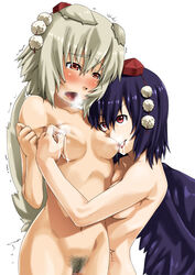 2girls animal_ears black_hair blush breast_sucking breasts dog_ears dog_tail female fur furry_ears furry_tail hat momiji_inubashiri multiple_girls nipple_tweak nipples nude pussy red_eyes shameimaru_aya silver_hair tail tokin_hat touhou uncensored wings yuri yuuki_maya