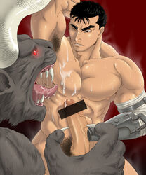 2boys amputee berserk black_hair cum cum_on_body guts_(berserk) male male_only monster prosthetic red_eyes sweat yaoi zodd_(berserk)