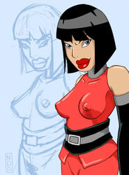 big_lips black_hair blue_eyes breasts dc dcau madame_rouge nipples_visible_through_clothing nomdepenn red_lipstick teen_titans