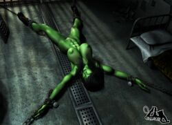 1girls 3d 3d_(artwork) abs big_breasts bondage boots breasts chained_to_floor chains female female_only green_hair green_skin hulk_(series) idelacio jail_cell marvel marvel_comics muscular muscular_female naked nipples she-hulk solo