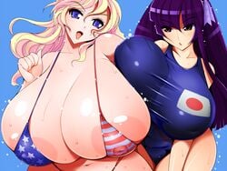 2girls amano_taiki american_flag american_flag_bikini areolae bare_shoulders bikini blonde_hair blue_eyes blush breast_press breasts brown_eyes cleavage flag_print gigantic_breasts huge_areolae japanese_flag long_hair massive_breasts midriff multiple_girls navel nipples one-piece_swimsuit open_mouth purple_hair red_eyes see-through swimsuit thick_thighs wet wide_hips