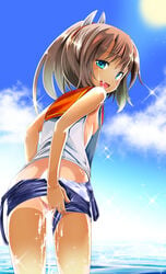 after_sex anus ass bare_shoulders blue_eyes blush breasts brown_hair censored cum cum_in_pussy feet_in_water female hair_ornament highres i-401_(kantai_collection) kantai_collection looking_at_viewer looking_back nipples one-piece_swimsuit open_mouth ponytail sailor_collar saliva school_swimsuit school_uniform short_hair short_ponytail sideboob sky small_breasts smile soaking_feet solo sparkle swimsuit swimsuit_aside swimsuit_under_clothes takara_akihito tan tied_hair uncensored wading water