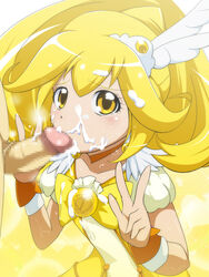 censored clothing cum cum_in_mouth fellatio oral_sex pretty_cure shimaki_ika smile_precure tagme yayoi_kise yellow_background yellow_eyes yellow_theme