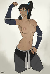 1girls abs armpit_hair armpits avatar_legends black_hair blue_eyes breasts clothing dark-skinned_female dark_nipples dark_skin detached_sleeves female female_armpit_hair female_only flex hair_tubes human incase korra large_breasts lips long_hair medium_breasts muscle navel nickelodeon nipples no_legs pants pose smile solo straight_hair the_avatar the_legend_of_korra toned topknot topless water_tribe