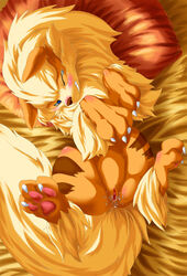 above_view arcanine blush claws color female female_only feral fur lying nintendo nude on_back pokemon pokemon_(species) solo tagme tamanosuke vulva