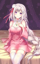 big_breasts blush emilia_(re:zero) high_resolution highres legwear long_hair looking_at_viewer not_porn purple_eyes re:zero_kara_hajimeru_isekai_seikatsu safe safe_for_work sfw stockings thick_thighs white_hair white_legwear white_stockings