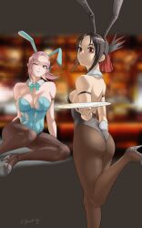 2girls animal_costume ass back bare_shoulders black_hair breasts bunny_ears bunnysuit closed_mouth earrings female female_only high_heels highres jewelry kaguya-sama_wa_kokurasetai_~tensai-tachi_no_renai_zunousen~ koyasu_tsubame large_breasts leotard multiple_girls one_eye_closed pink_hair rabbit_costume rabbit_ears rabbit_tail red_eyes shinomiya_kaguya short_hair small_breasts smile tagme xauching