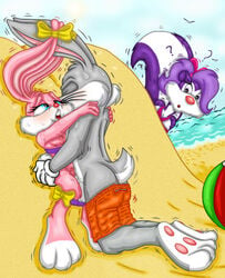 ? anthro babs_bunny ball beach beach_ball blue_eyes bugs_bunny caught clothing female fifi_la_fume fur furry looney_tunes male mammal mustelid pants_down rabbit sand sex skunk straight sweat tiny_toon_adventures toonpimp uncensored young