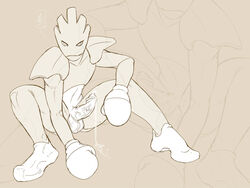 anthro boxing_gloves cum gloves hitmonchan male male_only monochrome penis pokemon pokemon_(species) sitting solo tagme testicles