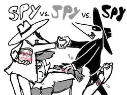 1girls 2boys ankles_tied black_spy grey_spy hands_behind_back hat mad rape shaking_hands spitroast spy_vs_spy white_spy wrists_tied