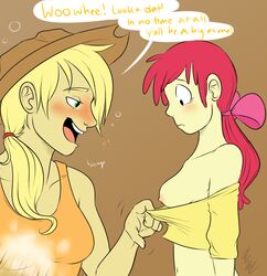 age_difference apple_bloom_(mlp) applejack_(mlp) cartoonlion drunk farmer farmgirl female female_only friendship_is_magic human humanized incest multiple_females my_little_pony sisters smooth_skin teenager yuri