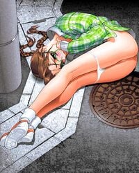 4bpp 90s ass blush braid brown_hair checkered footwear glasses legs long_hair looking_at_viewer lying manhole nadeara_bukichi oldschool outdoors panties panty_pull pc98 shoes sneakers socks solo star_platinum_(game) suzuki_shino twin_braids underwear