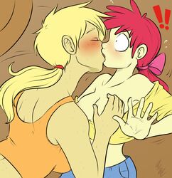 age_difference apple_bloom_(mlp) applejack_(mlp) cartoonlion drunk farmer farmgirl female female_only friendship_is_magic human humanized incest kissing multiple_females my_little_pony sisters smooth_skin surprise_kiss teenager yuri