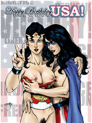 2005 2girls amazon amazonian areola blush breasts dc_comics female freedom_fighters joan_dale miss_america multiple_girls nipples tcatt tiara wonder_woman wonder_woman_(series) yuri