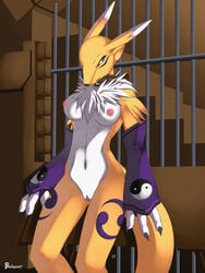 anthro blue_eyes breasts claws color digimon female female_only front_view fur furry indoors jose_luis_belmont navel nipples nude renamon solo standing tagme vulva