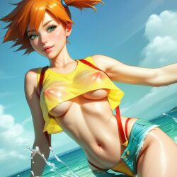 ai_generated cameltoe crop_top daisy_dukes green_eyes kasumi_(pokemon) midriff navel see-through_shirt side_ponytail suspenders underboob