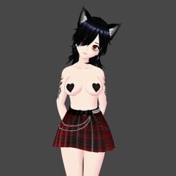 ashley_roquefort ashleyvt92 baggy_eyes black_hair breasts cat_ears heart patch patches red_eyes red_skirt skirt tattoo tattoos thighs vroid