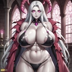 ai_generated bikini bikini_bottom bikini_top black_bikini brainwashed cape church gloves horns huge_breasts huge_cock hypnosis infected large_breasts long_hair mind_control nipples_visible_through_clothing opera_gloves original pale_skin pink_eyes sexy.ai silver_hair tagme temple