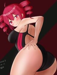 1girls 2d 2d_(artwork) artist_request ass ass_focus big_ass big_breasts blush breasts competition_swimsuit female female_only hand_on_ass hand_on_butt kasane_teto large_breasts looking_back red_eyes red_hair showing_ass sideboob solo solo_female swimsuit thick_thighs twin_drills utau