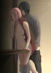 1boy 1girls boruto:_naruto_next_generations canon_couple closed_eyes closed_eyes clothed_sex from_behind medium_breasts naruto naruto_(series) optimystic sakura_haruno sasuke_uchiha undressing