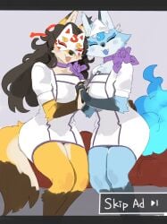 2girls 5_fingers anthro black_hair blue_body blue_fur blush breasts canid canine closed_eyes closed_eyes clothed clothing countershade_torso countershading duo female female_only fingers fox front_view fur hair hand_holding hi_res kame_3 kemono long_hair looking_at_viewer mammal mask masked_fox_(kame_3) open_mouth orange_body orange_fur orange_tail simple_background sitting smile smiling smiling_at_viewer tail teeth