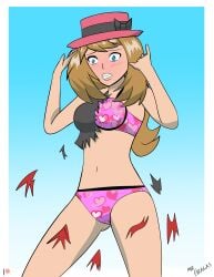 bra bra_and_panties destroyed_clothing embarrassed embarrassed_underwear_female heart_print_bra heart_print_panties heart_print_underwear mrbragas panties pokemon serena_(pokemon) underwear