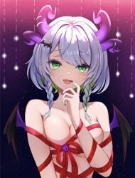 big_breasts bob_cut braid christmas devil green_eyes green_hair heart_eyes horns purple_eyes ribbon short_hair smile vtuber white_hair