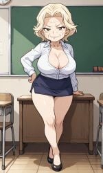 agatha_(pokemon) ai_generated big_breasts blonde_hair brown_eyes classroom gilf mature mature_female mature_woman pokemon teacher teacher_outfit wide_hips