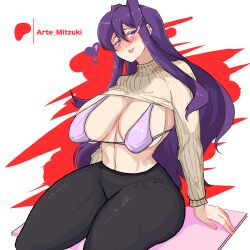 1girls bikini bikini_top boobs breasts doki_doki_literature_club female female_only female_solo leggings long_hair purple_eyes purple_hair solo solo_female solo_only sweater yuri_(doki_doki_literature_club) zeddarts