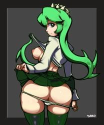 ed female filia_(skullgirls) green_hair hentai pants sexy skullgirls swordsmaned vagina