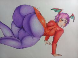 1girls ass ass_focus big_ass blush capcom clothed darkstalkers ettugs flat_chest from_behind huge_ass lilith_aensland on_all_fours pants purple_hair red_eyes short_hair smile succubus suit thick thick_ass thick_thighs traditional_art traditional_media_(artwork) wings