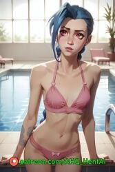 1girls ahq_hentai ai_generated arcane bikini blue_hair blush cute jinx_(league_of_legends) league_of_legends patreon perfect_body pink_bikini pink_eyes poolside small_breasts stable_diffusion standing