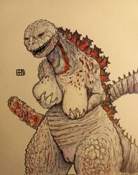 anthro benzoit breast_fondling breast_play breasts female fondling fondling_self genitals godzilla_(series) hand_on_breast hi_res kaiju mutated nude pussy rule_63 scalie shin_godzilla small_arms solo toho traditional_media_(artwork)