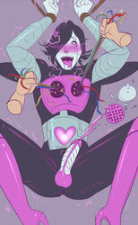 2boys ahe_gao android artist_request balls bondage disembodied_hand ejaculation electrical_wire hair_over_one_eye high_heel_boots high_heels machine male male_only mettaton mettaton_ex penis purple_hair robot sparks tagme tongue tongue_out