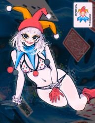 balatro boots clown_girl clown_makeup feminization gloves jester jester_cap jester_girl jimbo_(balatro) looking_at_viewer megrocks poker poker_cards white_hair white_skin