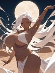 1girls ai_generated breasts closed_eyes dancer dancer_outfit dancing dark-skinned_female dark_skin female female_only huge_breasts jewelry jjockey long_hair moon navel original solo solo_female white_hair