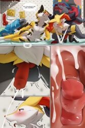 andromorph animal_genitalia animal_penis anthro bed bodily_fluids braixen canine_genitalia canine_penis cum cum_in_ass cum_inside cum_on_bed cum_on_body cumshot cuntboy domestic_cat ejaculation felid feline felis furniture generation_4_pokemon generation_5_pokemon generation_6_pokemon genital_fluids genitals hi_res intersex knot lucario male male/male mammal nintendo penis pokemon pokemon_(species) steel_cat zoroark