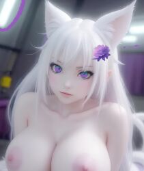 1female absurd_res ai_generated breasts cat_ears elf emilia_(re:zero) female highres huge_breasts indoors large_eyes looking_at_viewer naked nude_female purple_hair re:zero_kara_hajimeru_isekai_seikatsu realistic white_hair