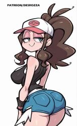 1female 1girls ass ass_focus bedroom_eyes blue_eyes breasts brown_hair brown_hair brunette_hair clothed desrozza eyelashes female female female_focus female_only hilda_(pokemon) hourglass_figure looking_back pokemon pokemon_bw ponytail seductive seductive_eyes seductive_look seductive_smile short_shorts smile thighs