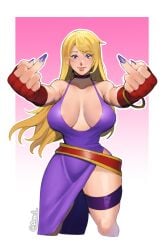 artist_request big_breasts blonde_female blonde_hair bonne_jenet choker cute_expression draart fatal_fury fatal_fury:_city_of_the_wolves fingerless_gloves flipping_off king_of_fighters kof middle_finger nail_polish purple_nails slim_waist slit_dress