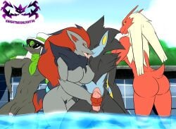 anthro ass athletic athletic_male balls blaziken breasts closed_eyes cloud dandy_trim_furfrou day erection eyewear featureless_breasts featureless_chest female flaccid french_kissing furfrou generation_3_pokemon generation_4_pokemon generation_5_pokemon generation_6_pokemon genitals glans group half_submerged handjob hi_res kissing knightmoonlight98 luxray male male/female navel nintendo nude penile penis plant pokemon pokemon_(species) pool poolside pubes sex sunglasses tree water zoroark