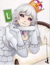 1girls biting_lip blush boosette card crown earrings gloves heart-shaped_pupils omar_dogan white_dress white_hair