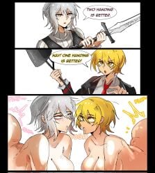 2girls ahe_gao arczaeon arguing blonde_hair blue_eyes breasts dark-skinned_male don_quixote_(limbus_company) faust_(limbus_company) holding_weapon huge_ass huge_breasts light-skinned_female light_skin limbus_company moaning orgy plap project_moon sweat sweating tie uniform weapon white_hair yellow_eyes