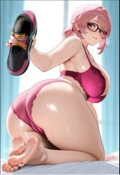 ai_assisted ai_generated ass barefoot bra breasts cameltoe feet female flying_sweatdrops glasses huge_ass large_breasts legs lingerie long_hair panties pink_hair removing_shoes soles solo solo_female standing_on_one_leg sweaty_feet taking_off_shoes toes tsukishiro_yanagi underwear undressing zenless_zone_zero