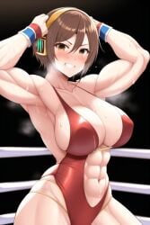 abs ai_generated blush brown_hair female flexing headphones large_breasts meiko_(vocaloid) muscular_female pixai self_upload solo_female sweat swimsuit visible_breath vocaloid wrestling_ring