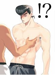 black_hair blue_eyes bold_move boob_grab diamond_is_unbreakable embarrassed gay grabbing_breasts grabbing_pecs jojo's_bizarre_adventure josuke_higashikata muscular muscular_male okuyasu_nijimura pale_skin pecs pectorals pompadour surprised tanned tanned_skin