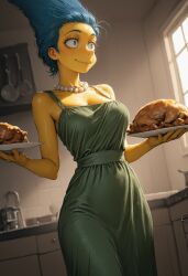 2024 ai_generated beehive_hairdo blue_hair blush breasts chicken_(food) female food green_dress holding_plate mardjak marge_simpson pearl_necklace smile solo standing tagme the_simpsons yellow_skin