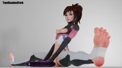 1girls 3d bottomless bottomless_female breasts breasts_out brown_hair d.va feet female female_focus female_only foot_fetish foot_focus functionally_nude functionally_nude_female medium_breasts nipples overwatch overwatch_2 soles solo solo_female solo_focus stirrup_legwear tied_hair twohanded_fork