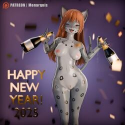 3d absurd_res alcohol alcohol_bottle anthro beverage bikini champagne clothing digital_media_(artwork) felid female golden_clothes hi_res mammal momo_(monarquis) monarquis pantherine pubes simple_background snow_leopard solo swimwear two-piece_swimsuit