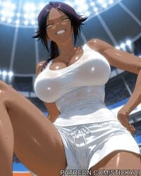 1girls anime basketball bleach breasts breasts fit golden_eyes long_hair nsfw purple_hair shihouin_yoruichi yellow_eyes